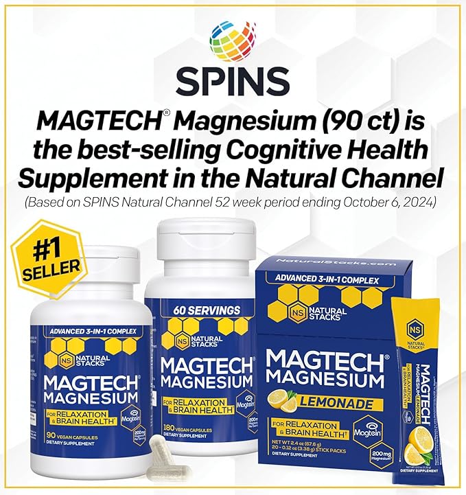 MagTech Magnesium Drink Mix Lemonade - 3 Forms of Magnesium: Magtein L-Threonate, Glycinate & Taurate - 200mg Chelated Magnesium Complex - Supports Relaxation & Brain Health* - 20 Stick Packs