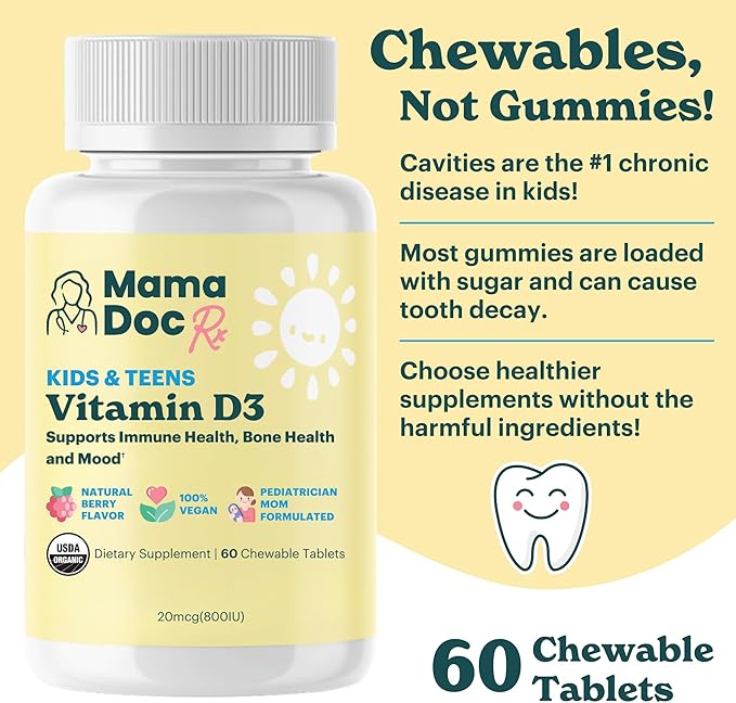 Certified Organic Kids and Teens Whole Food Vitamin D3 Chewables | 800 IU | Sugar Free, Vegan, Free of 9 Major Allergens | 2 Month Supply | Ages 3+