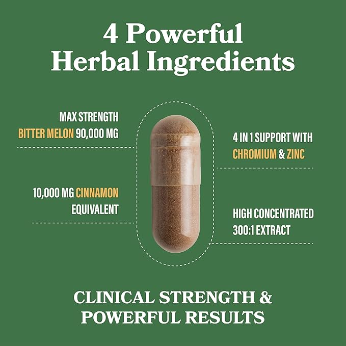 DAIKEN Bitter Melon, Cinnamon & Chromium, 90,000 mg Equivalent Per Serving Extra Strength, 100% Vegetarian Bitter Melon Capsules with Cinnamon Chromium & Zinc, 60 Capsules