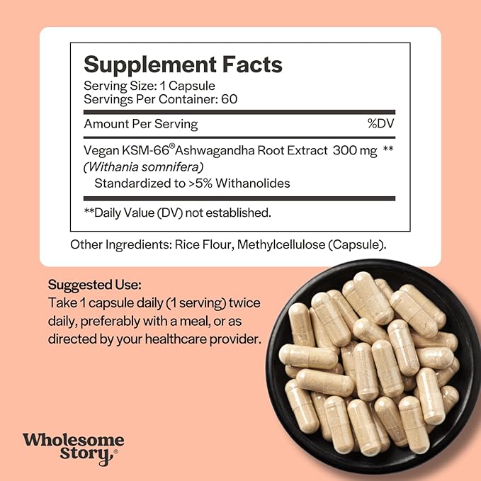 Vegan KSM 66 Ashwagandha Capsules| High Potency 5% Withanolides | Ashwagandha Root Extract Supplements | Ashwagandha 300mg | Stress Management & Well Being Support | 60 Ashwaganda Pills