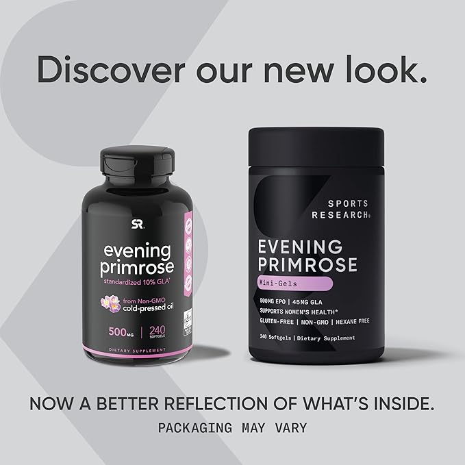 Sports Research Evening Primrose Oil (500mg) Cold-Pressed with No fillers or Artificial Ingredients, Non-GMO Tested - Gluten & Soy Free (240 Liquid Softgels)