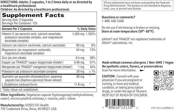 Klaire Labs Buffered Vitamin C Capsules with Quercetin Bioflavonoids & L-Glutathione to Support Immune Function & Antioxidant Protection - Hypoallergenic & Gentle on Stomach (250 Capsules)
