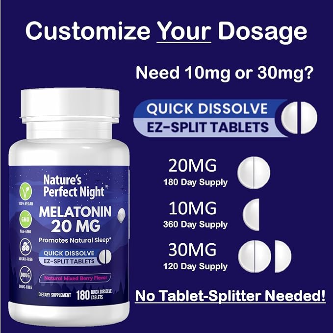 Nature's Perfect Night | Melatonin 20mg | 180 Quick Dissolve Tablets, 2-Pack | Natural Mixed Berry Flavor |High Potency | Sugar Free | Vegan | Gluten Free | 2 Count