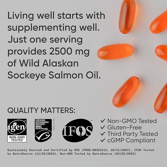 Sports Research® Salmon Oil - Single-Source Wild Alaskan Sockeye | 2500 mg per Serving w/EPA & DHA Fatty Acids | MSC Certified - 180 Count Softgels