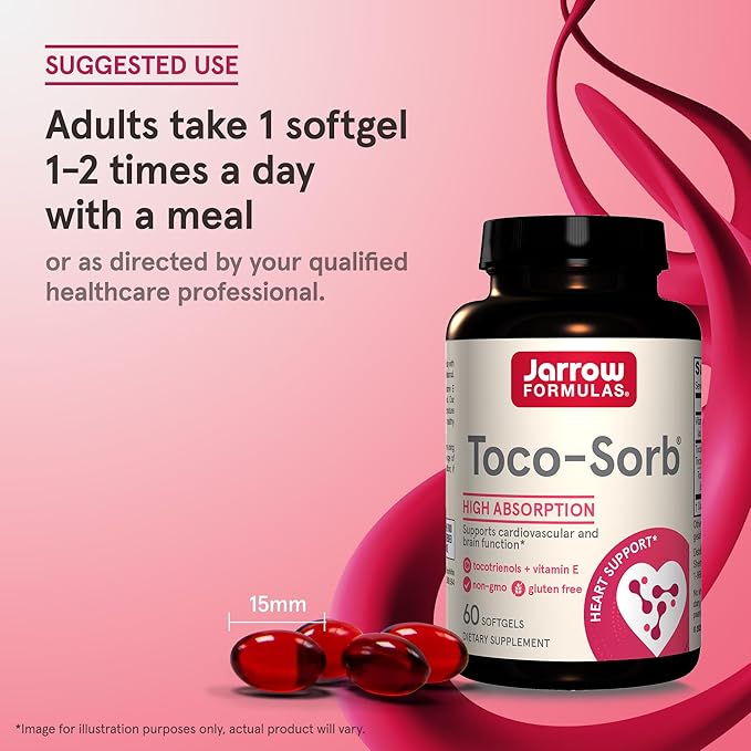 Jarrow Formulas® Toco-Sorb Cardiovascular Health and Brain Function Support, High Absorption Formula, Tocotrienol-Tocopherol Complex and Vitamin E, 60 Softgels, 30 Day Supply