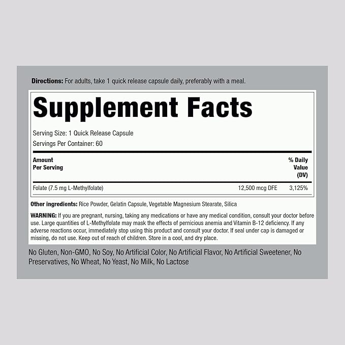Piping Rock L-Methylfolate 7.5 mg | 60 Capsules | Extra Strength Supplement | Active Folic Acid | Non-GMO, Gluten Free