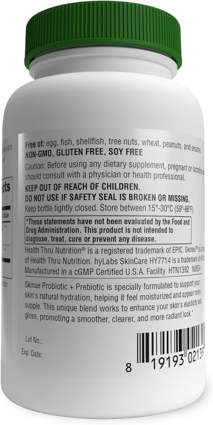 Health Thru Nutrition Skineu - Skin Probiotic + Prebiotic | Supports Skin Hydration & Elasticity | Clinically Studied Ingredients |3rd Party Tested, Non-GMO & Gluten-Free | 30 VegeCapsules