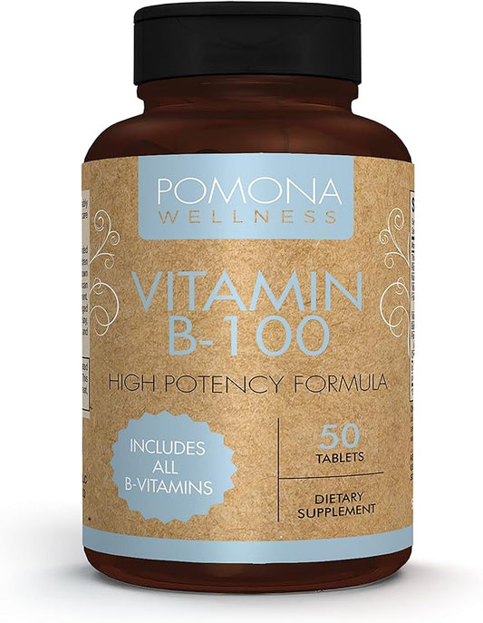 Pomona Wellness Vitamin B Complex Supplement with Folic Acid, High Potency Multivitamin, All 10 B Vitamins Including B12, Supports Energy Levels, Heart Health, Non-GMO, 50 Tablets
