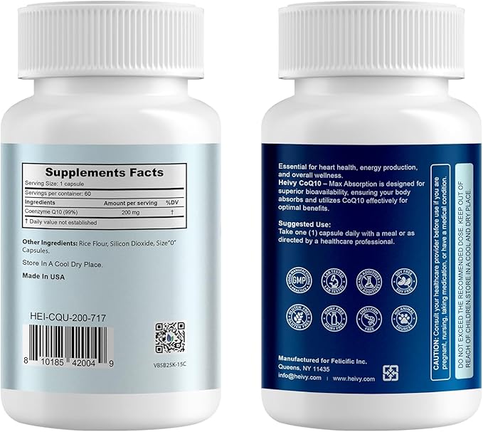 CoQ10 200mg - High Absorption 99% Ubiquinone Coenzyme Q10 - CO Q 10 Supplement Support Heart Health, Antioxidant & Energy Supplement - 60 Vegan Capsules