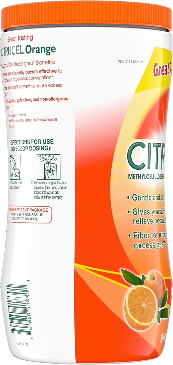 Citrucel Powder Orange Flavor Fiber Therapy for Occasional Constipation Relief, 30 ounce