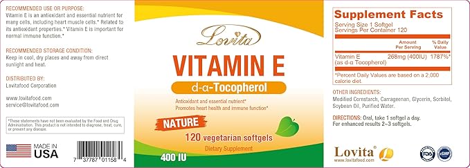 Lovita Vitamin E 400 IU Softgels, Natural 268 mg (as D Alpha Tocopherol), Vegan Vitamin E for Healthy Skin, Hair, Nails & Immune System Support, 120 Vegetarian Softgels (Pack of 3)