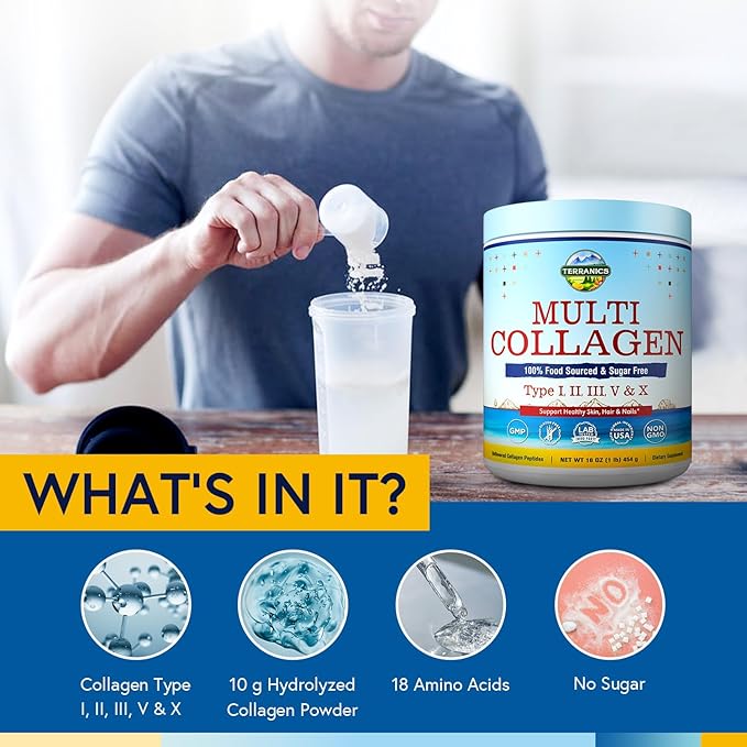 Terranics Multi Collagen Peptides Powder, Type I II III V X Hydrolyzed Collagen for Women+Men, Collagen Supplements for Skin Nail Hair, Fast Dissolve, Unflavored Colageno, No Sugar, Keto, 16oz