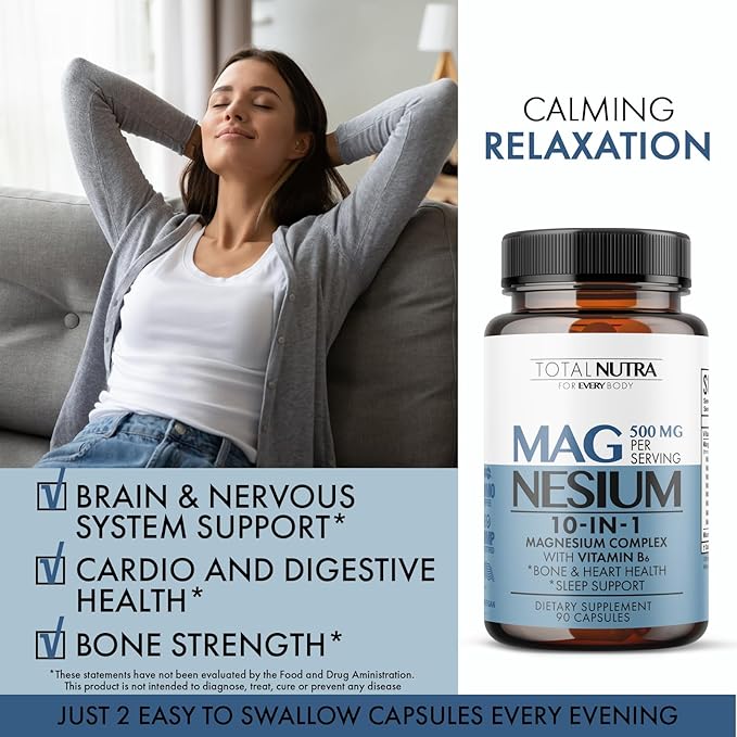 10-in-1 Magnesium Supplement 500 mg | High Absorption Magnesium Complex with Mag Glycinate, Citrate, Vitamin B6 Magnesium for Sleep, Muscle, Bone & Heart Health, Vegan & Gluten-Free, 45 Day Supply