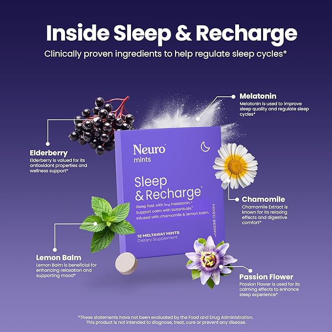 Neuro Melatonin 1 mg Sleep & Recharge Mints (72 Pieces) - Fast Dissolve Melatonin Sugar Free Mints with Lemon Balm & Chamomile for Better Sleep - Calm Sleep Supplement - Mixed Berry Flavor