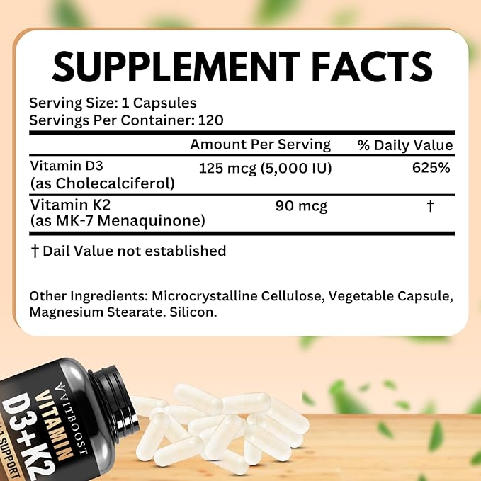 Vitamin D3 K2 Complex - Easy to Swallow - Vitamin D (D3) 5000 IU (125 mcg) & K2(MK-7) 90 mcg | Non-GMO | Gluten-Free | USA Made | 120 Capsules