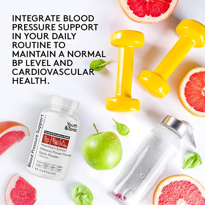 Youth & Tonic Natural Blood Pressure Support Supplement w/Hawthorn Hibiscus & High Potency Diuretic Herbs & Vitamins for Water Retention | 30 BP Capsules to Maintain a Good Health | Women & Men