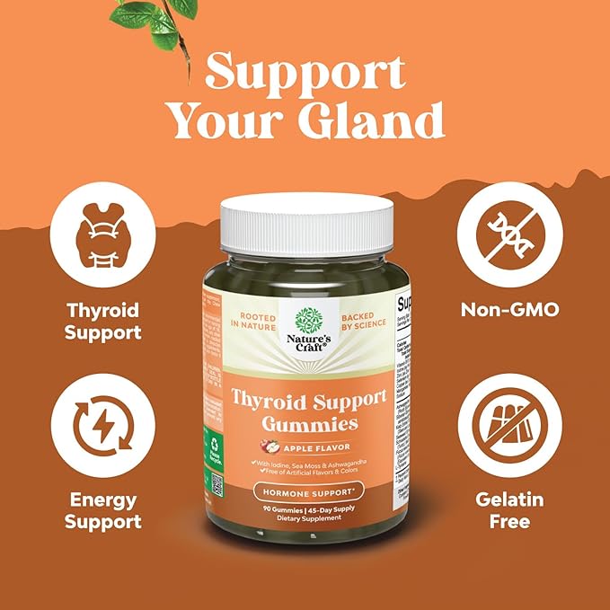 Natures Craft Vegan Thyroid Gummies with Sea Moss - Thyroid Support Gummies for Comprehensive Support for Men and Women with Iodine Selenium and Other Potent Vitamins - Gelatin-Free Non-GMO 90