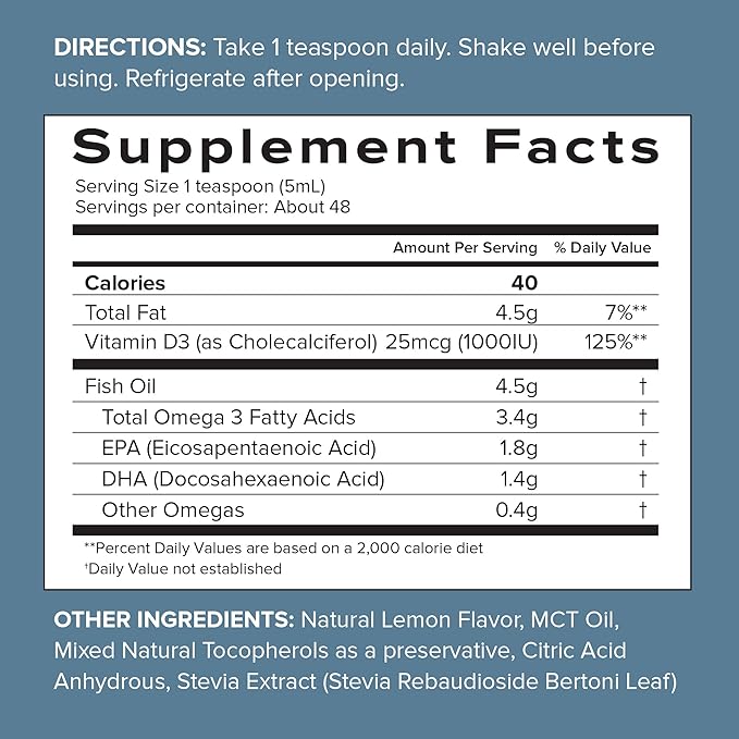 SFH Super Omega 3 Lemon Fish Oil Liquid + Vitamin D | Highly Concentrated 3400mg Omega 3s + 1000IU Vitamin D3 | Sustainably Sourced Alaskan Pollock | Spill-Proof Lids | 8oz