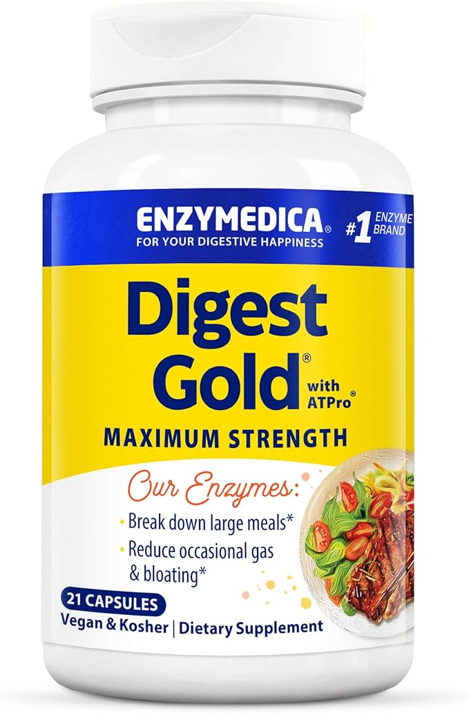 Enzymedica Digest Gold + ATPro, Maximum Strength Enzyme Formula, Prevents Bloating and Gas, 14 Key Enzymes Including Amylase, Protease, Lipase and Lactase, 21 Capsules (FFP)