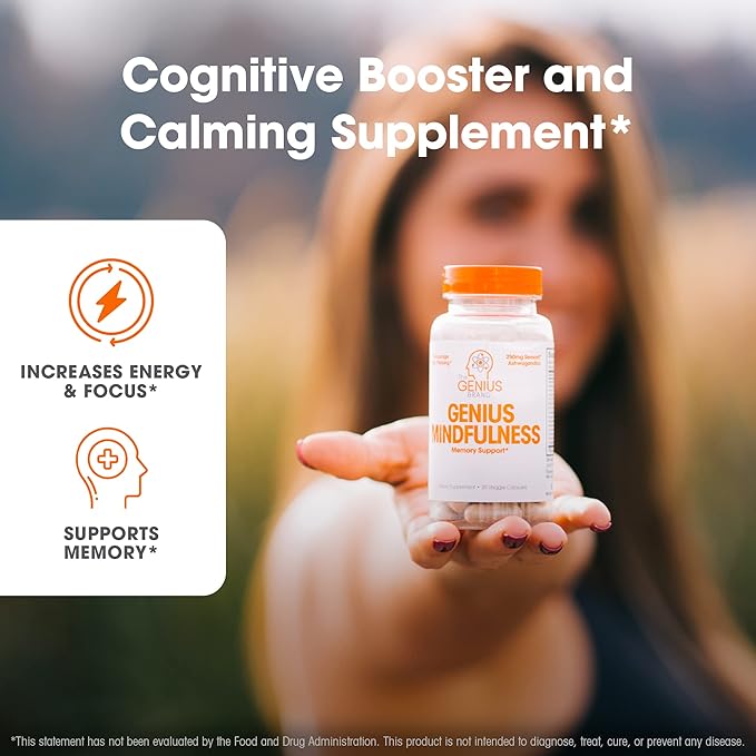 The Genius Brand - Genius Mindfulness Natural Calming Supplement with Ashwagandha, NeuroFactor, & Blueberry Extract, Nootropic Cognitive Brain Booster Enhances Memory, Focus & Energy - 30 Capsules
