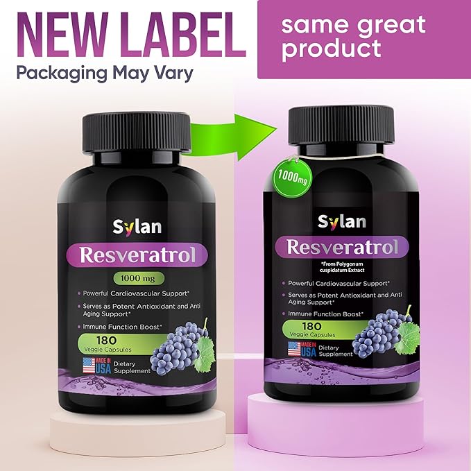 SYLAN Trans Resveratrol Supplement, 1000mg, 180 Veggie Capsules, Antioxidant, Supports Heart, Joint, Brain, Immune Health & Anti-Aging, Non-GMO, Made in USA, Resveratrol 500mg Powder per Capsul