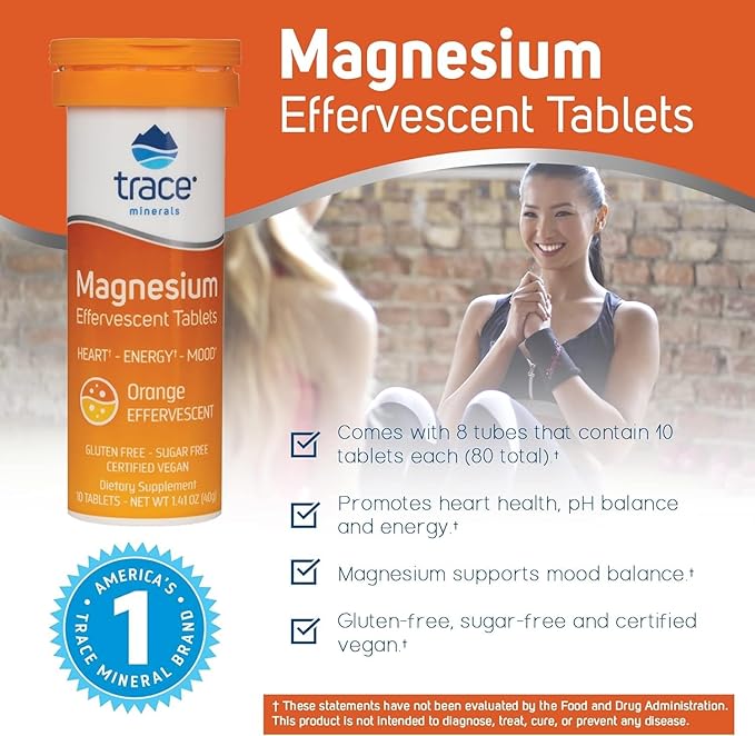 Trace Minerals Magnesium Effervescent - Bone & Circulatory Health Support Supplement - Magnesium Supplement to Aid Cardiovascular Health & Positive Outlook - Orange, 8 Containers (80 Servings)