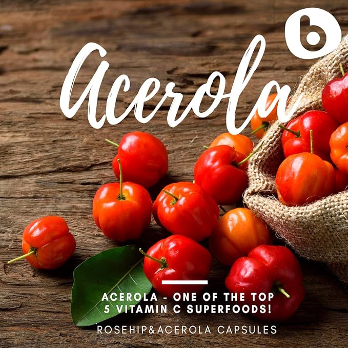 b Organic Rose HIPS Capsules & Acerola Vitamin C 1000mg - Plant Based Vitamin C Supplement Without Ascorbic Acid - Supports Overall Wellness - GMO-Free, Gluten-Free, 90 Vegan Capsules