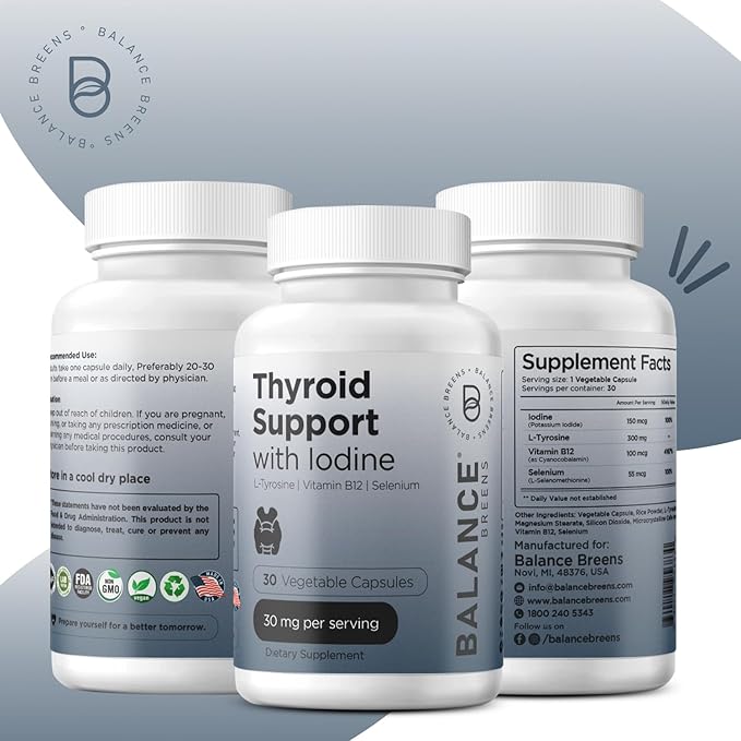 Balancebreens Thyroid Support Supplement with Iodine, L-Tyrosine, Vitamin B12 & Selenium, 30 Veg Capsules - Energy, Metabolism & Focus Support