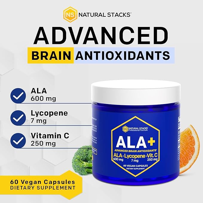 NATURAL STACKS Alpha Lipoic Acid 600mg w/Lycopene and Vitamin C - Supplement for Immunity & Cellular Function - Supplement for Brain Health