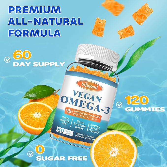 2 Pack Omega-3 Gummies Potent Algae Omega Source, Boost Brain, Eye & Immune Function, with DHA and EPA Vegan & Sugar Free, Orange Flavor, 120 Count