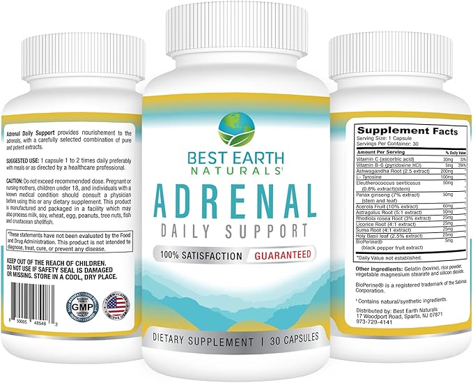 Best Earth Naturals - Adrenal Support for Adults - Holy Basil, B C Vitamins, L-Tyrosine, Rhodiola Rosea Root, Ashwagandha Supplements for Cortisol Manager Support - 30 Day Supply