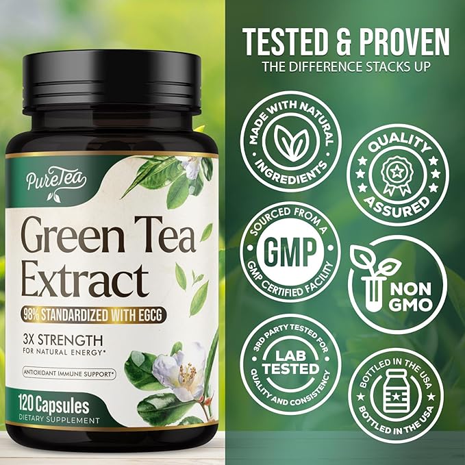 Green Tea Extract Pills 1000mg with EGCG for Heart Support with Antioxidants - 98% Standardized Polyphenols - 3X Absorption Green Tea Capsules for Natural Energy, Gentle Caffeine - 120 Capsules