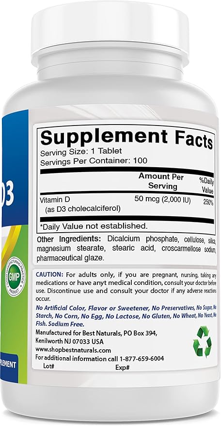 Best Naturals Vitamin D3 2000 IU (50 mcg) - 100 Tablets - 100 Days Supply - Helps Support Immune Health, Strong Bones and Teeth, & Muscle Function (100 Count (Pack of 2))