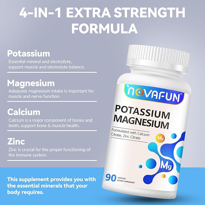 Potassium Magnesium Supplement with Calcium Zinc 1185mg, High Potency Formula for Leg Cramps, Bone & Muscle Health, Non-GMO, Gluten Free, Vegan, 90 Capsules