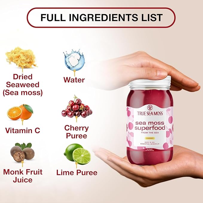 TrueSeaMoss Sea Moss Gel – Made in USA – Wildcrafted Seamoss, Fresh Fruits & Sea Vegetables – Cherry, Pack of 5 (Labels may Vary)