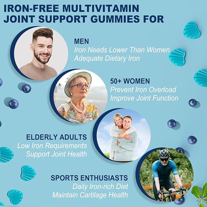 Men's & Women's Sugar Free Methylated Multivitamin 50 Plus with Glucosamine Chondroitin MSM, Iron Free Gummies for Senior with Multi Vitamin D3 K2 & A C E, B Complex - 60 Count (Pack of 1)