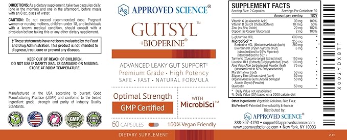 Approved Science® Gutsyl - Leaky Gut Supplement - Protect GI Tract with Aloe Vera, Marshmallow Root, Licorice, and Slippery Elm - Contains Prebiotic and BioPerine - 60 Capsules - 100% Vegan