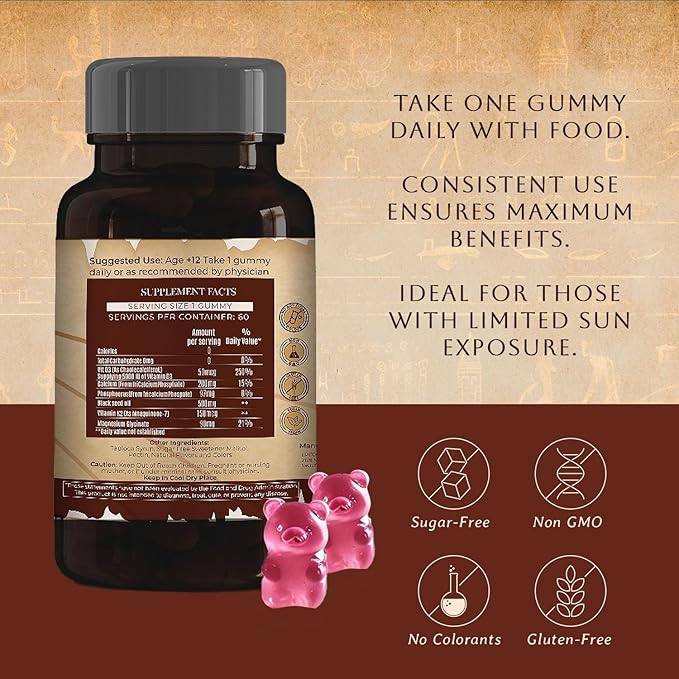 Vitamin D3 2000 IU Sugar Free Gummies with Black Seed Oil - Supports Bone, Muscle, Cardiovascular & Immune Health - Includes K2, Magnesium, Phosphorus & Calcium - Chewable Vitamin D