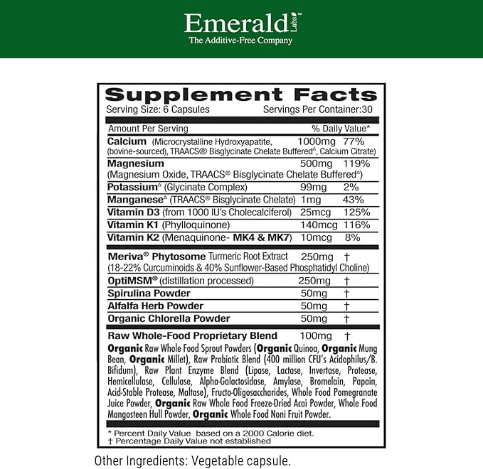 EMERALD LABS Osteo Bone Health - Immune Support & Bone & Joint Supplement with Vitamin D3, K2, Calcium, Magnesium, OptiMSM, Meriva Phytosome & More - 180 Vegetable Capsules