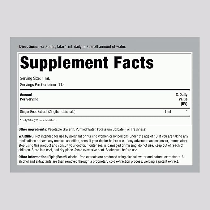 Piping Rock Ginger Root Extract Liquid | 4 fl oz | Premium Tincture Drops | Certified Botanical Supplement | Non-GMO, Gluten Free