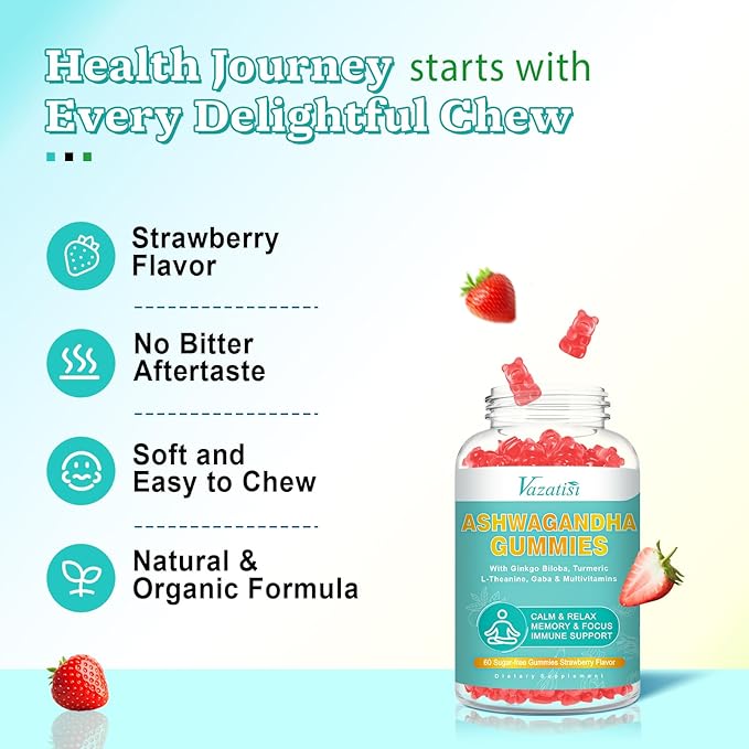 2 Pack Ashwagandha Gummies with Turmeric GABA Mood Energy and Immune Support, Strawberry Flavor 120 Cts