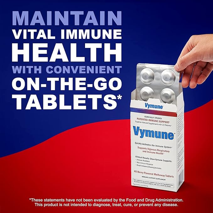 Vymune Amino-Acid Advanced Immune Support Supplement with Powerful Amino Acids Taurine, Lysine and Threonine Meltaway Tablets, Berry Flavored – for Adults (800mg Vitamin C, 40ct.)