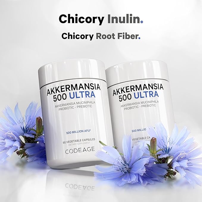 Codeage Akkermansia Muciniphila Probiotic Ultra - High-Potency 500M AFUs Akkermansia Probiotic Supplement - Enhanced Daily Probiotic & Prebiotic, Chicory Inulin - 3-Month Supply - 90 Capsules