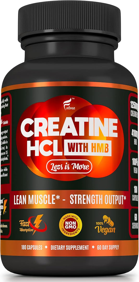 Creatine HCL Capsules with HMB - Workout Supplement for Men & Women, Muscle Builder, Endurance, Strength, Superior to Monohydrate: Instantized for Max Absorption, No Load, No Bloat, 180 Vegan Capsules