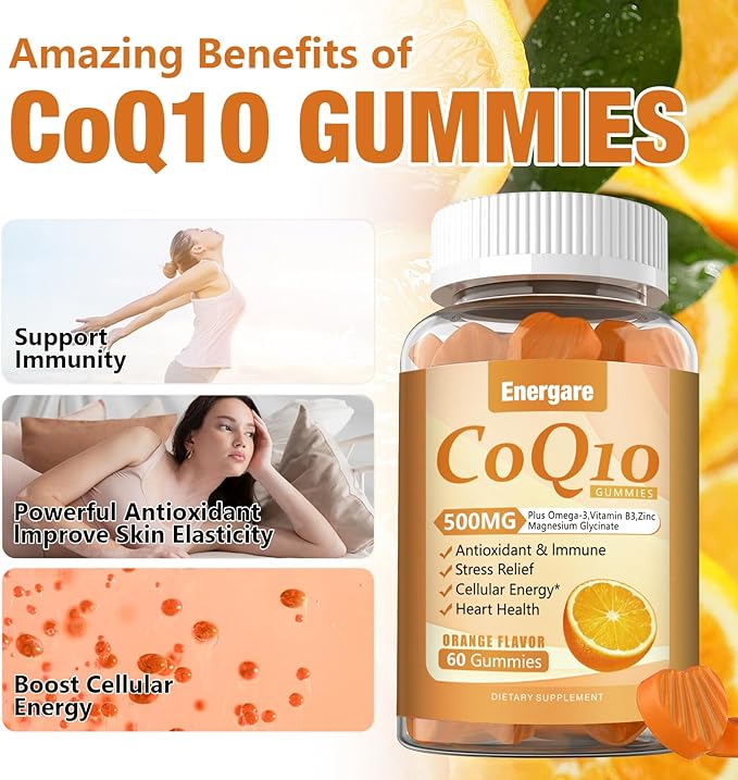 2 Pack CoQ10 500MG Gummies - 3X Better Absorption Coenzyme Q10 Supplements - Plus Omega-3, Magnesium, Vitamin B3 & Zinc for Heart Health, Cellular Energy & Antioxidant, Vegan, Non-GMO 120 Ct