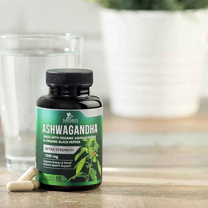 Organic Ashwagandha 1,950 mg - Extra Strength Unwind, Calm & Relax Support with BioPerine - Natural Focus & Energy Support Supplement - Nature's Non-GMO, Vegan, Gluten Free - 60 Capsules