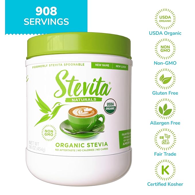 Stevita Organic Stevia - 16 oz - Stevia & Erythritol All-Natural Sweetener, No Calories - USDA Organic, Non-GMO, Vegan, Keto, Paleo, Gluten Free - 908 Servings