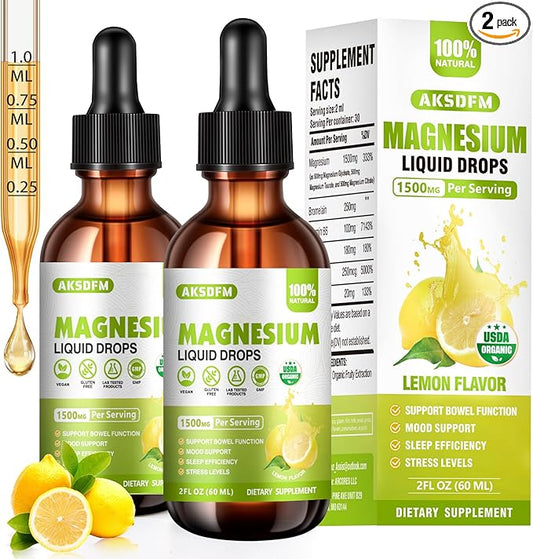 Magnesium Glycinate Liquid 2 Pack - 1500mg Maximized Absorption Magnesium Complex Supplement to Support Stress Relief, Night, Heart Health, Nerves and Muscles - Lemon Flavor