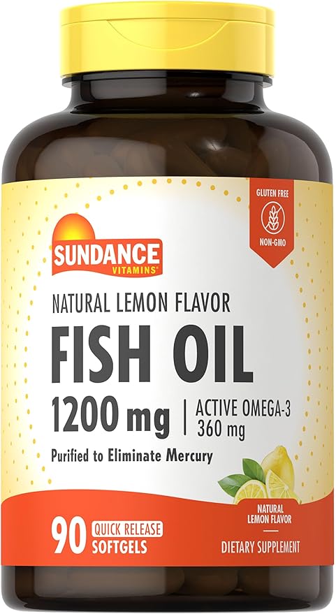 Sundance Fish Oil Softgels 1200mg | 90 Count | with Active Omega-3 | Natural Lemon Flavor | Purified to Eliminate Mercury | Non-GMO and Gluten Free Supplement