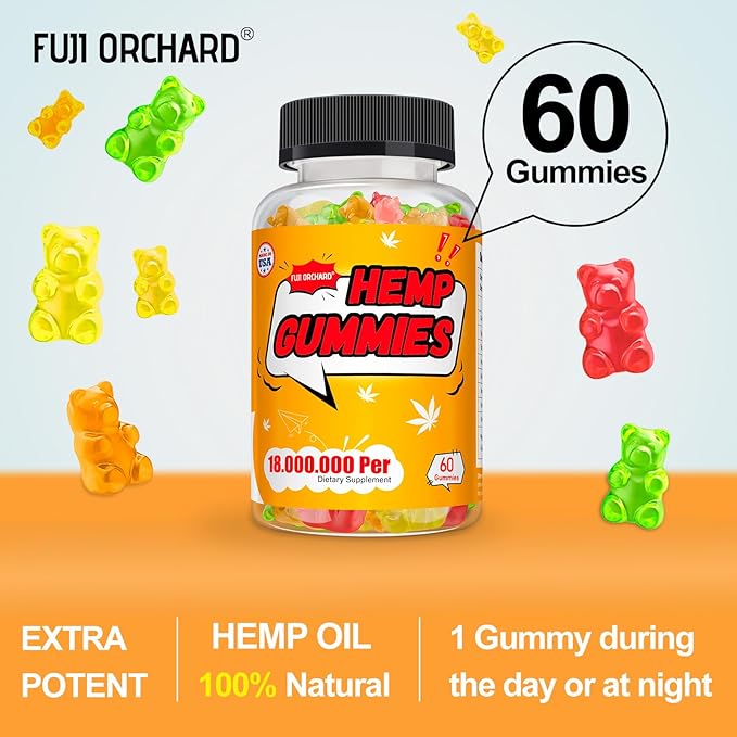 FUJI ORCHARD 18000mg Hemp Gummies High Potency - Hemp Gummies for Deep Bedtimes & Relaxation - Gominolas de aceite de Marihuana Natural para adultos - Sin Gluten y veganas - 60 unidades